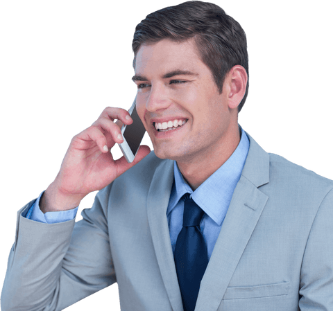 Smiling Businessman in Gray Suit Using Mobile Phone on Transparent Background - Download Free Stock Videos Pikwizard.com