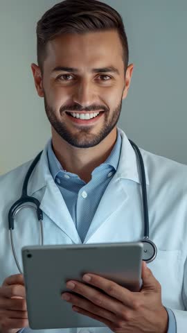 Smiling doctor tapping tablet in clinic wearing lab coat and stethoscope vertical video