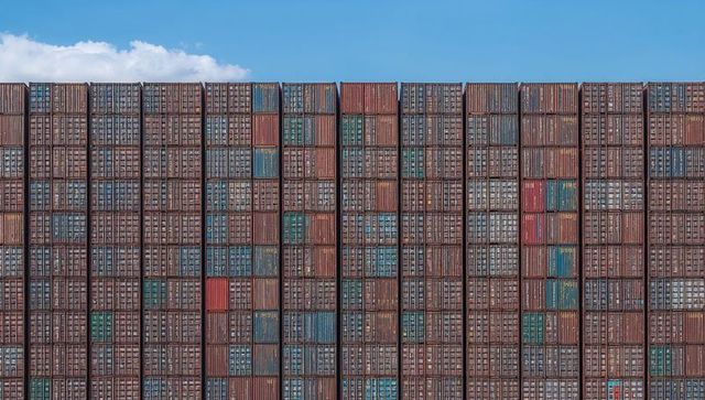Stacked shipping container wall forming repeating industrial grid pattern under blue sky