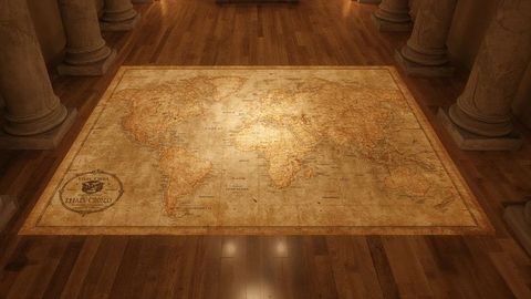Antique World Map on Elegant Gallery Floor with Stone Columns