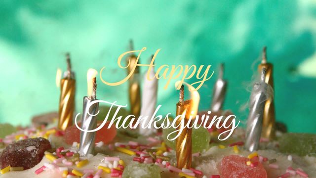 This lively animation features a 'Happy Thanksgiving' message over a colorful cake adorned with festive candles and sprinkles. It is perfect for social media posts, digital invitations, and holiday greetings to spread the festive cheer and celebrate Thanksgiving in a fun and visual way.