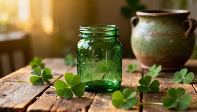 Green mason jar reflecting warm sunlight on rustic wooden table with clover leaves