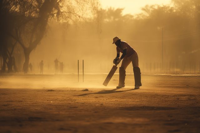 Cricketer wearing protective gear seen batting in a dusty field during a golden sunset. Dust creates a hazy, atmospheric background as other players are slightly visible in the distance. Ideal for sports promotions, inspirational sports quotes, cricket-related advertisements, or highlighting the raw passion and energy in sports.