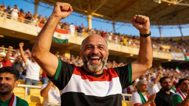 Bearded fan celebrating with raised fists in packed stadium wearing tricolor shirt