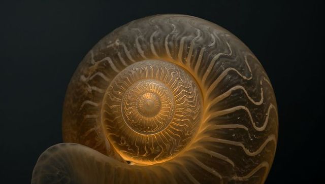 Glowing translucent nautilus spiral showing concentric chambers with warm inner glow