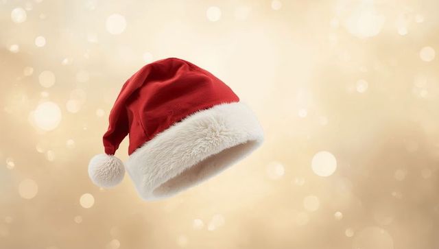 Floating Santa Hat with Plush White Trim on Warm Golden Bokeh Background