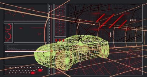 Booting Neon Wireframe Sports Car Rotating on Grid with Futuristic HUD Telemetry Panels