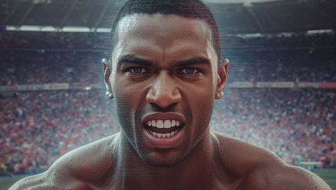 Shouting shirtless male athlete flexing tense arms in packed stadium showing raw power