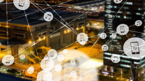 Digital Network Connections Over Cityscape at Night