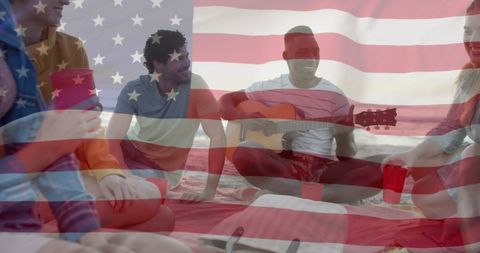 Diverse Friends Singing by Beach with American Flag Overlay