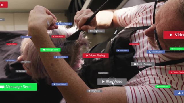 This visual depicts a male hairdresser working on a female client's hair with various social media notifications and messages overlaid. Ideal for illustrating the impact of social media in professional settings, digital interactions, and modern communication in the beauty industry.