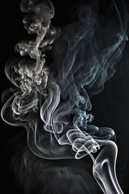 Intricate smoke patterns on a dark background depict abstract and atmospheric imagery. Suitable for use in backgrounds for creative projects, brochures, posters, and digital artwork. Ideal for adding a sense of mystery and depth to designs.