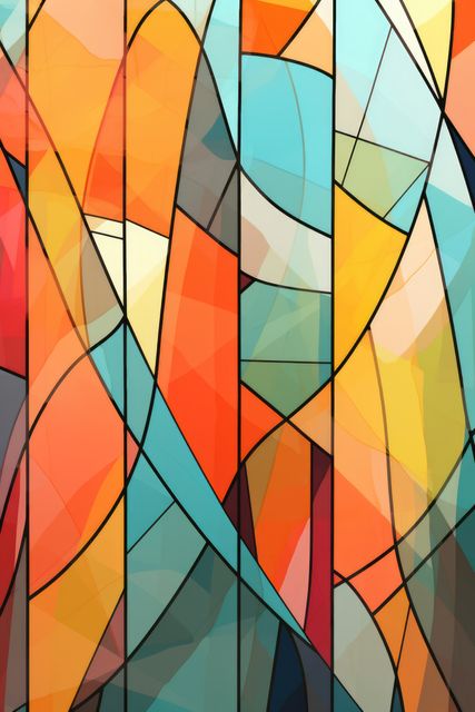 Vibrant abstract stained glass pattern featuring various colors and geometric shapes. Ideal for use in modern art projects, interior design, wall art, and decorative pieces. Can also be used in graphic design projects requiring a colorful and contemporary touch.