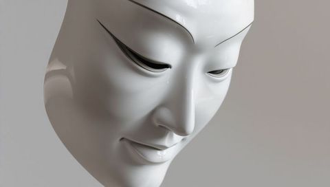 Minimalist white porcelain mask with delicate black eyeliner and glossy ceramic finish