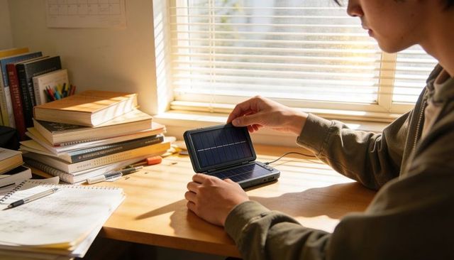 Teen studying at sunlit desk examining portable solar charger clamshell device