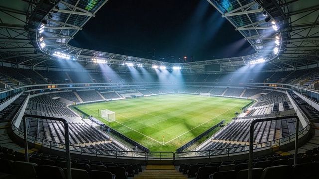 Stadium floodlights illuminating empty football pitch at night with crisp lines, goals, seats