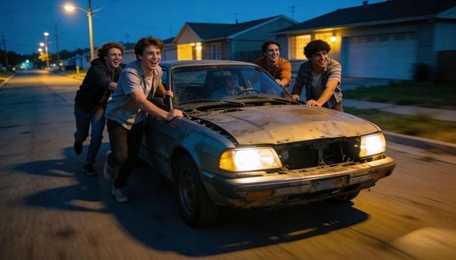 Teen friends pushing rusted sedan at night on suburban street laughing and running