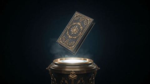 Levitating ornate gilded book above gold pedestal
