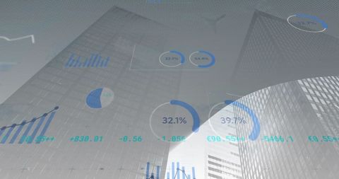Skyscrapers with Modern Financial Data Visualization Overlay