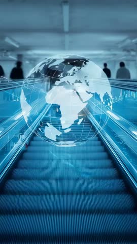 Vertical Tech Globe Rotating Above Moving Escalator with Futuristic HUD and Data Streams