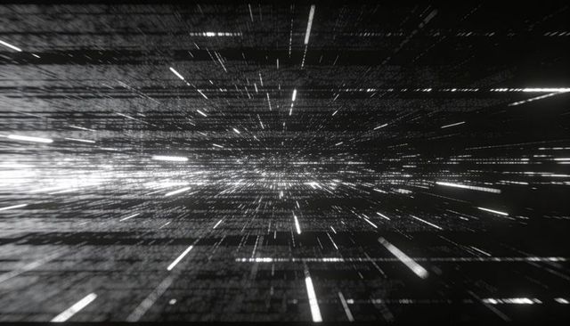Racing through monochrome digital hyperspace tunnel of light and streaming data