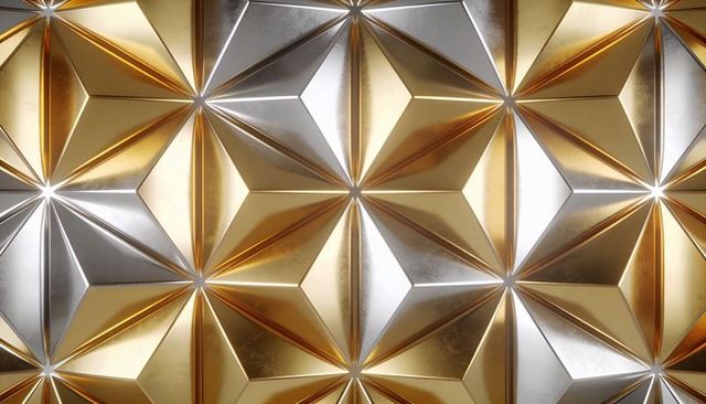 Gold silver beveled geometric wall panels creating reflective tessellated luxury