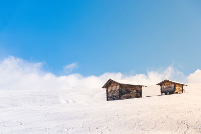 Wooden Cabins in Snowy Winter Landscape with Clear Blue Sky - Download Free Stock Photos Pikwizard.com