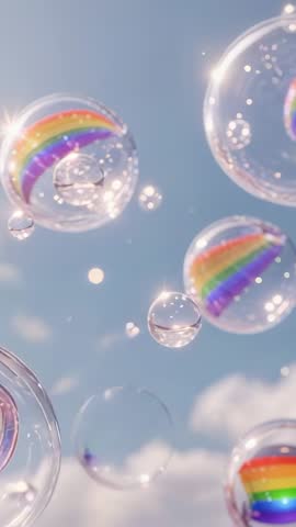 Vertical video of rainbow bubbles drifting upward with sparkling light in pastel sky