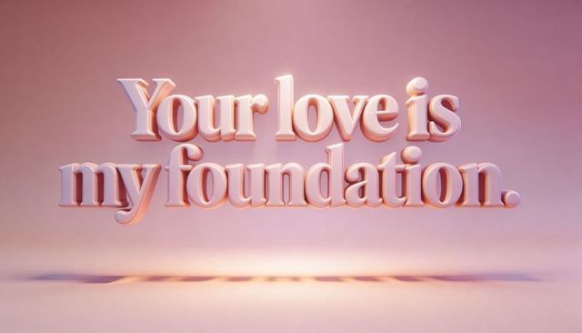 Floating glossy pink 3d serif text 'your love is my foundation' romantic gradient backdrop