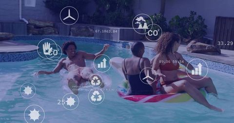 Adults Enjoying Tropical Pool Party with Floating Inflatables