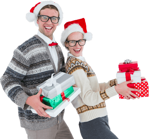 smiling couple in christmas sweaters holding transparent gifts - Download Free Stock Videos Pikwizard.com