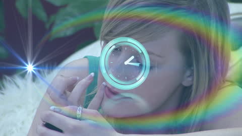 Woman Doing Makeup with Digital Clock Overlay and Rainbow Effect