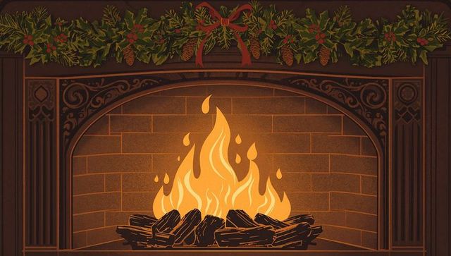 Glowing fireplace with ornate arched firebox, roaring flames and festive garland
