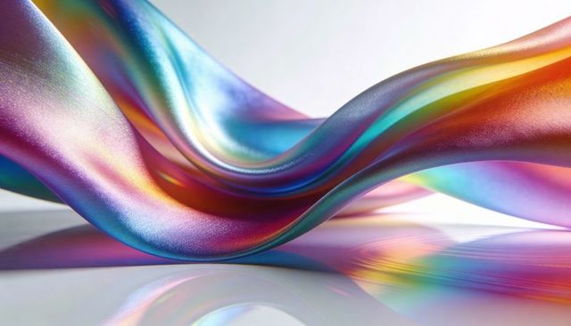 Iridescent satin ribbon flowing and twisting with metallic gradient reflection