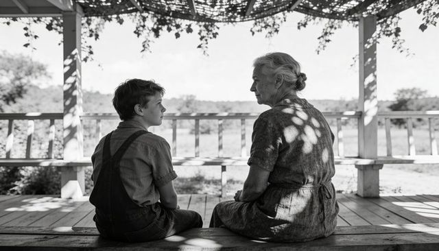 Grandmother and boy sharing quiet conversation on country porch in black and white