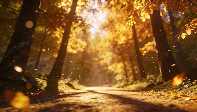 Golden autumn forest path with sunbeams and falling leaves, low-angle cinematic trail