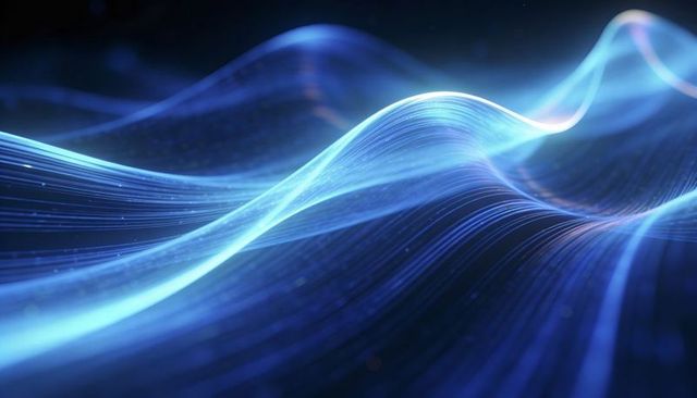Glowing blue ribbons undulating over dark background visualizing digital data flow