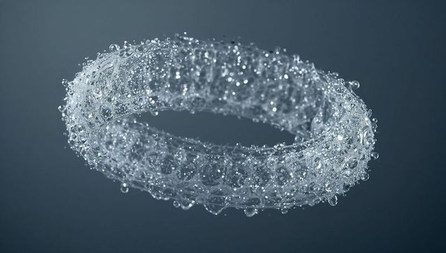Suspended translucent torus with water droplets in abstract minimalism