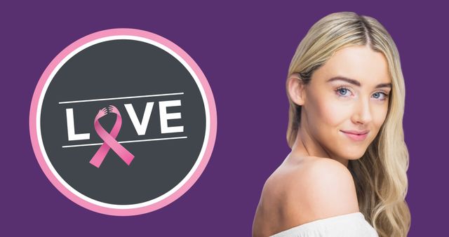 Image of love text with pink ribbon over young woman. breast cancer positive awareness campaign concept digitally generated image.