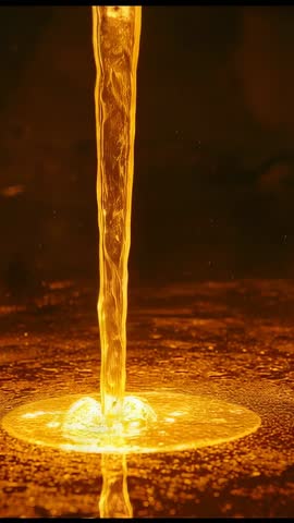 Pouring Glowing Molten Stream Forming Splash Ring in Shallow Pool | Vertical Macro