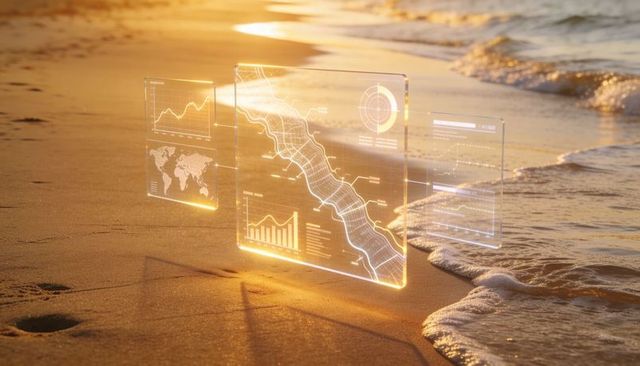 Augmented reality coastal hud hovering above sunset beach with maps and data charts