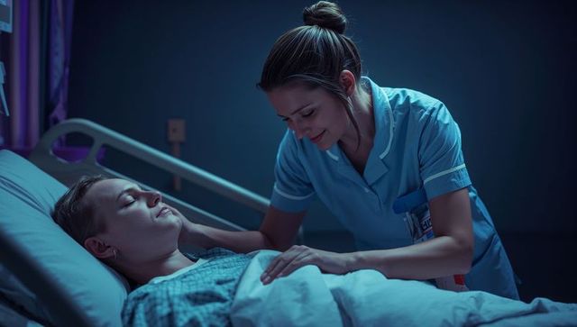 Nurse Compassionately Caring for Resting Patient at Hospital Bedside