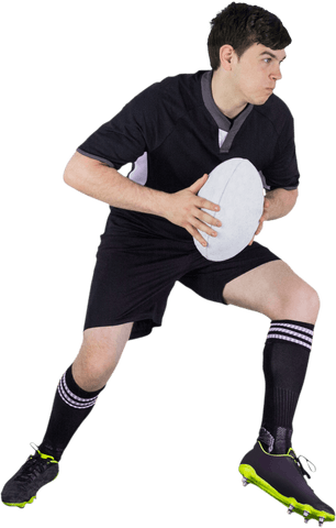 Male rugby player running with oval ball on transparent background