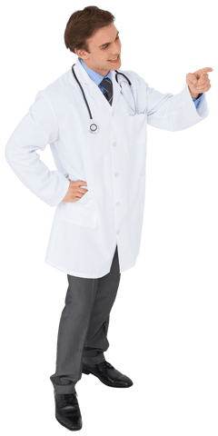 Confident male doctor pointing with finger on transparent background