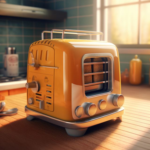 Retro yellow toaster sits on wooden countertop in sunlit kitchen. Ideal for depicting a cozy, vintage-themed kitchen scene or breakfast preparation moment. Can be used in lifestyle blogs, cooking websites, advertisements for kitchen appliances, or home decor publications.