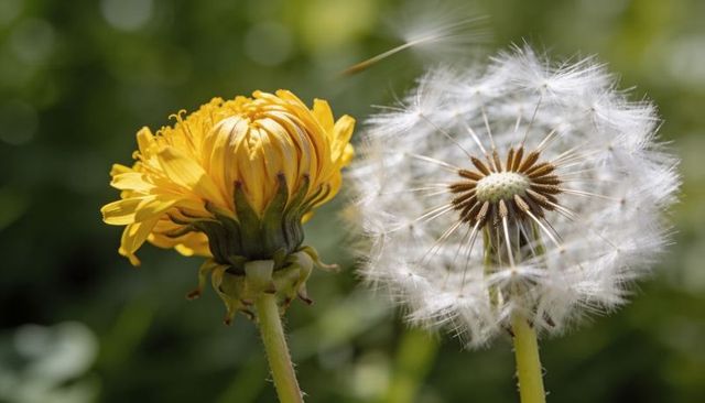 Dandelion bud and seed head releasing parachute seeds in sunlit meadow macro closeup
