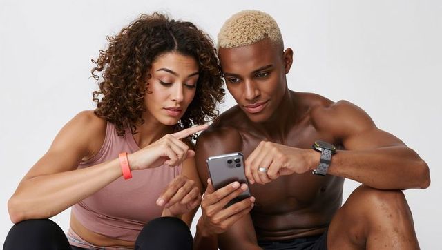Fit couple comparing fitness app on smartphone while checking smartwatch data