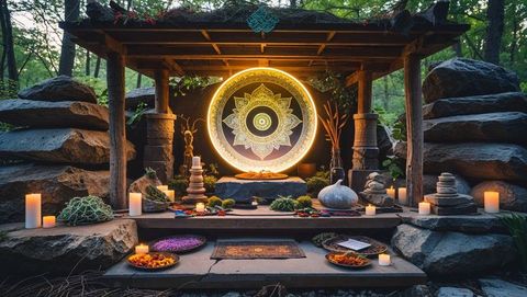 Serene pergola shrine with glowing mandala and flower petals