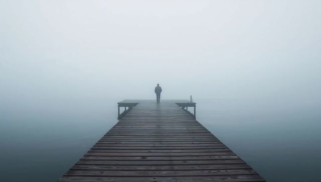 Standing Solitary on Foggy Wooden Pier at Dawn Conveying Calm Solitude and Reflection
