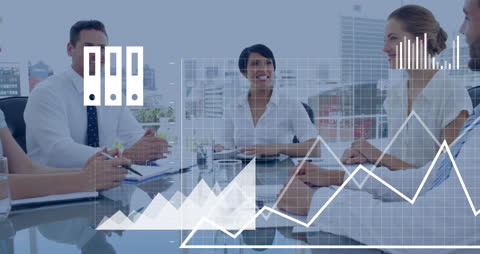 Animated Business Graphs Overlay Diverse Team Meeting
